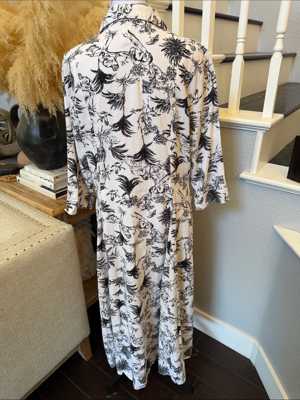 Joie Linen Blend Safari Jungle Tropical Print Shirt Maxi Dress 3/4 Sleeve XL - Picture 4 of 8